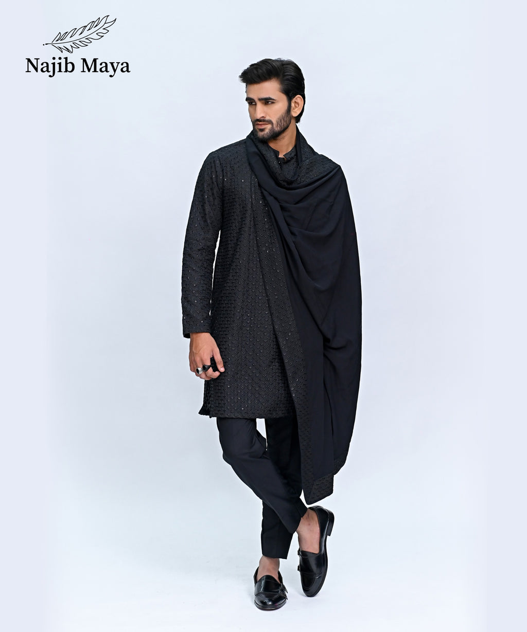 Black Embroidery Kurta Pajama + Shawl For Men's