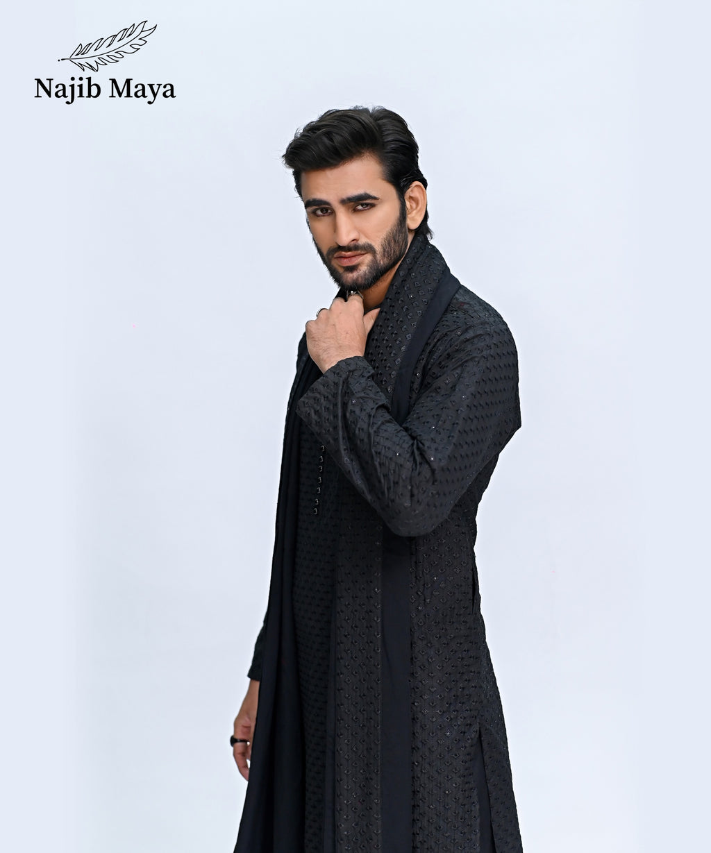 Black Embroidery Kurta Pajama + Shawl For Men's