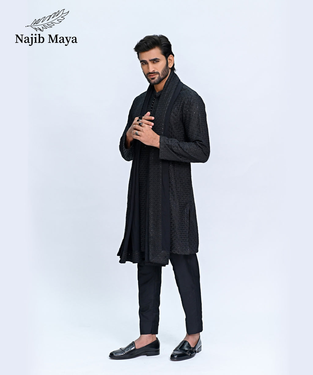 Black Embroidery Kurta Pajama + Shawl For Men's