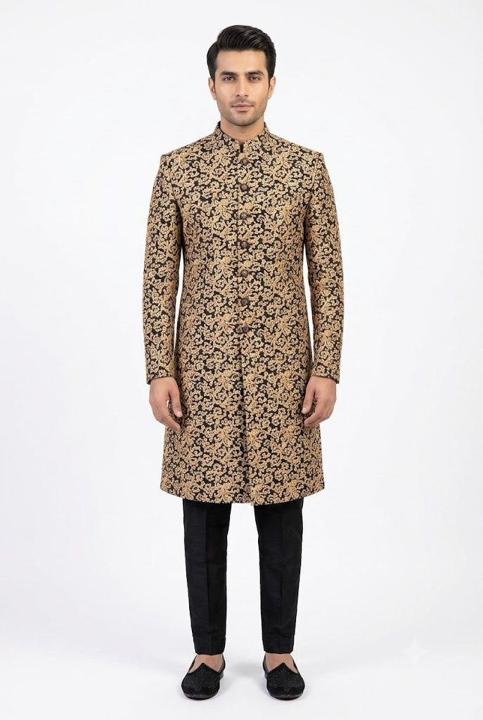 Black Copper Embroidery Sherwani For Men's Main image