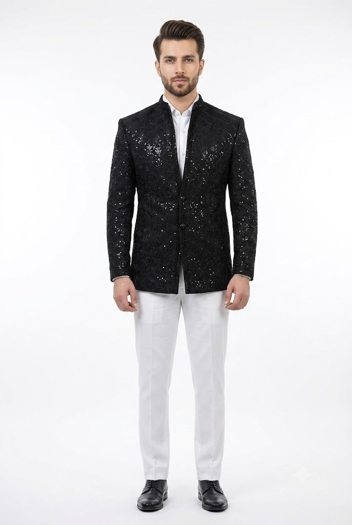 Black Embroidered Prince Coat For Men's