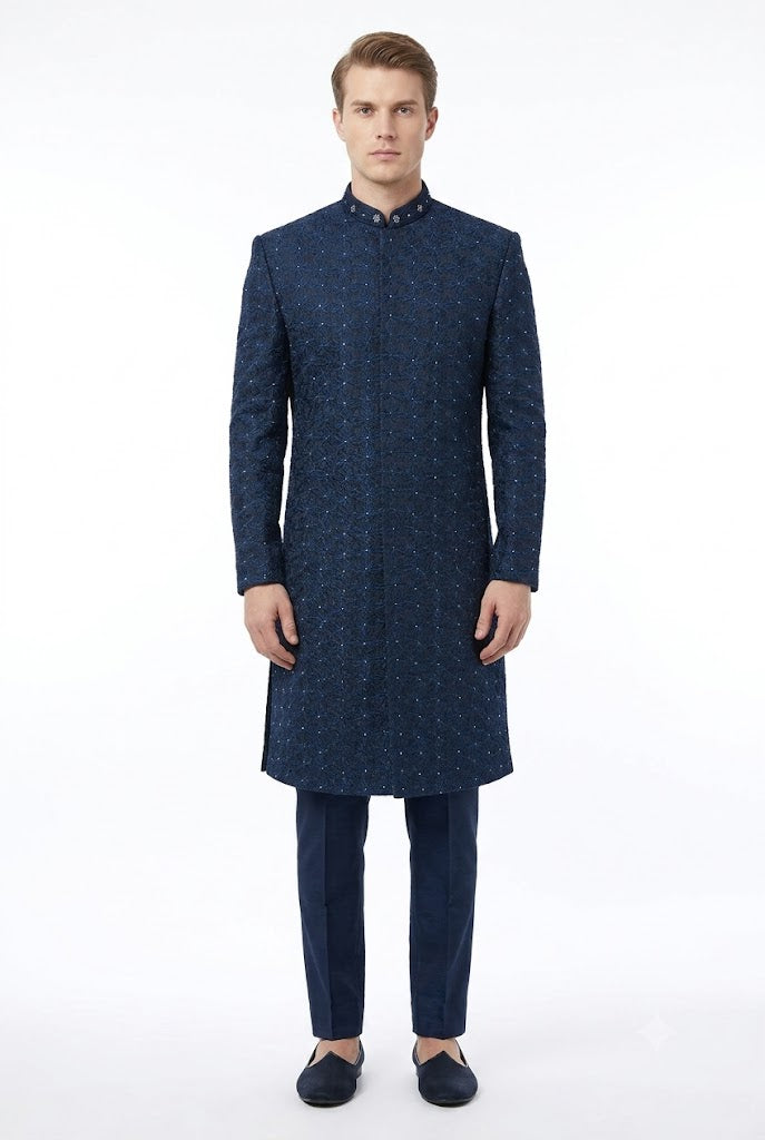 Blue Embroidery + Handwork Sherwani For Men's Main image