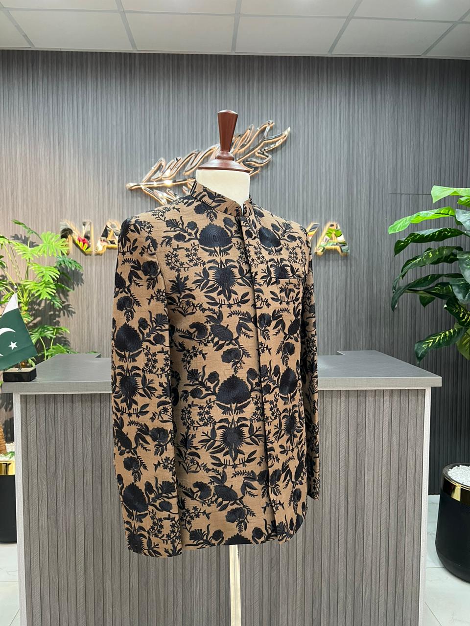 Brown With Black Embroidered Prince Coat For Men's