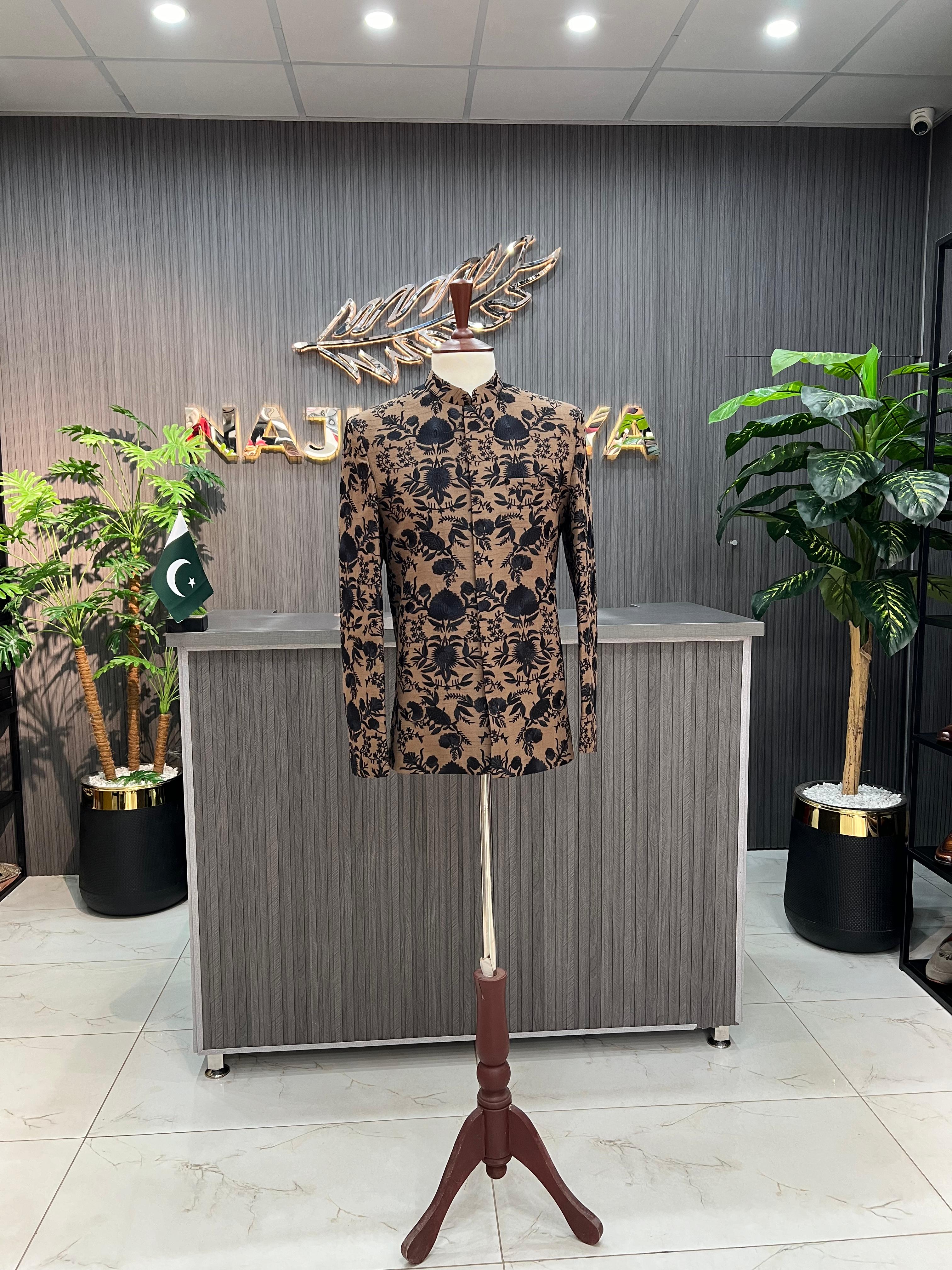 Brown With Black Embroidered Prince Coat For Men's Main image