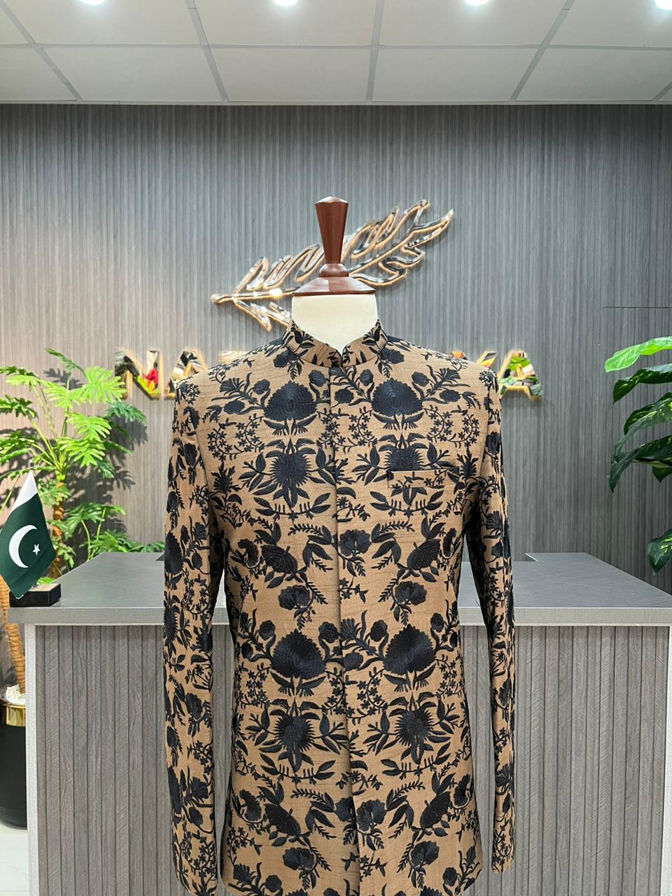 Brown With Black Embroidered Prince Coat For Men's