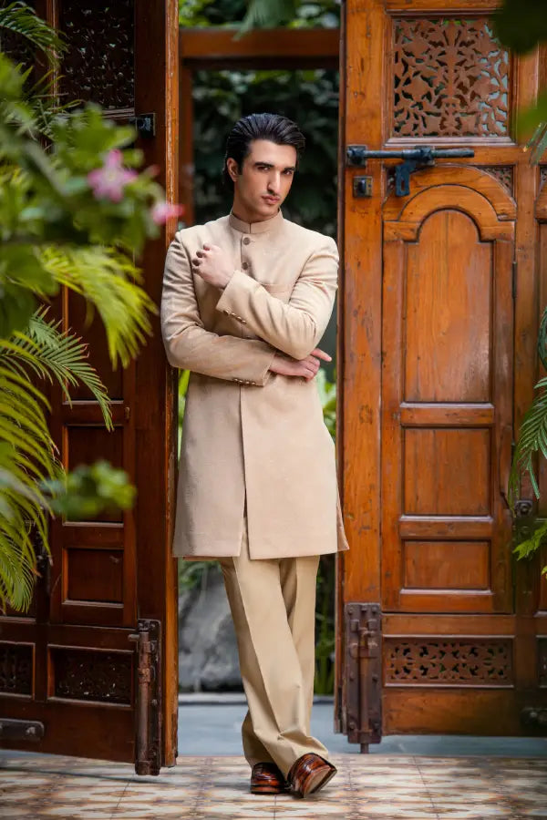 Matte Gold Self Sherwani with Bottom Main image