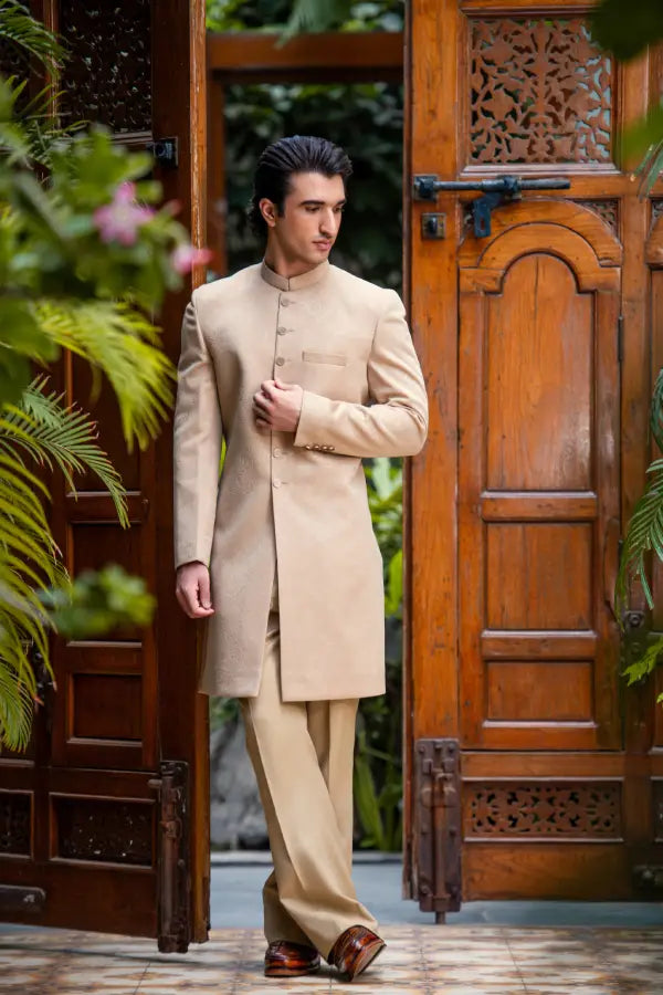 Matte Gold Self Sherwani with Bottom Secondary image
