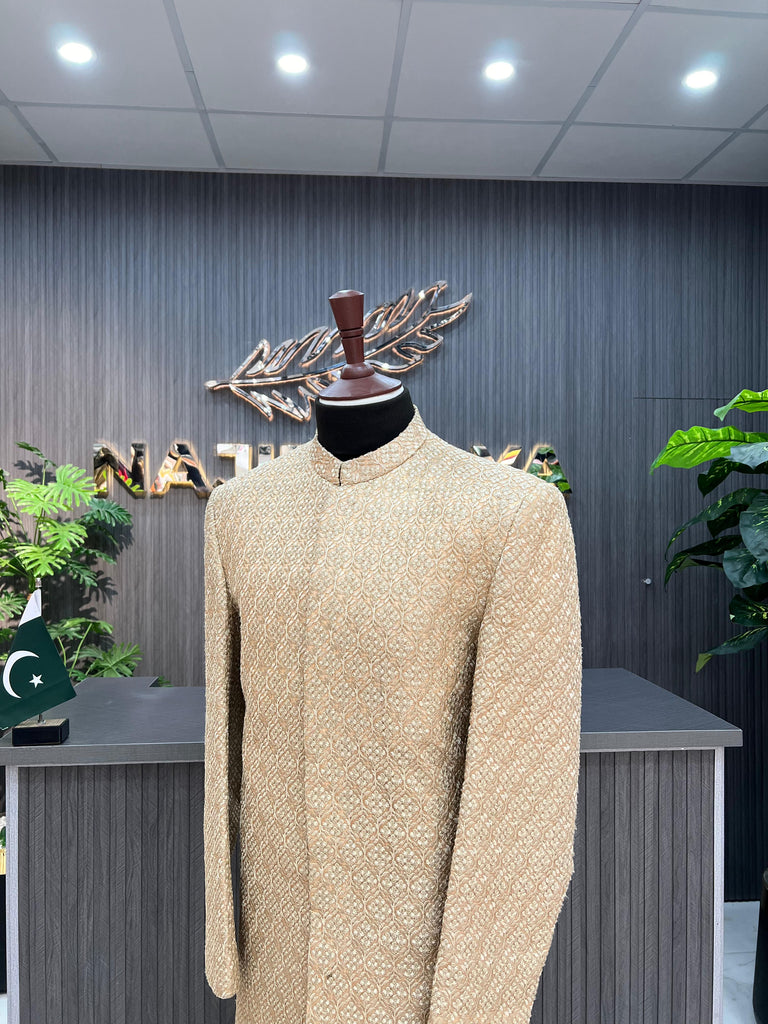 Cream Peach Embroidery Sherwani For Men's