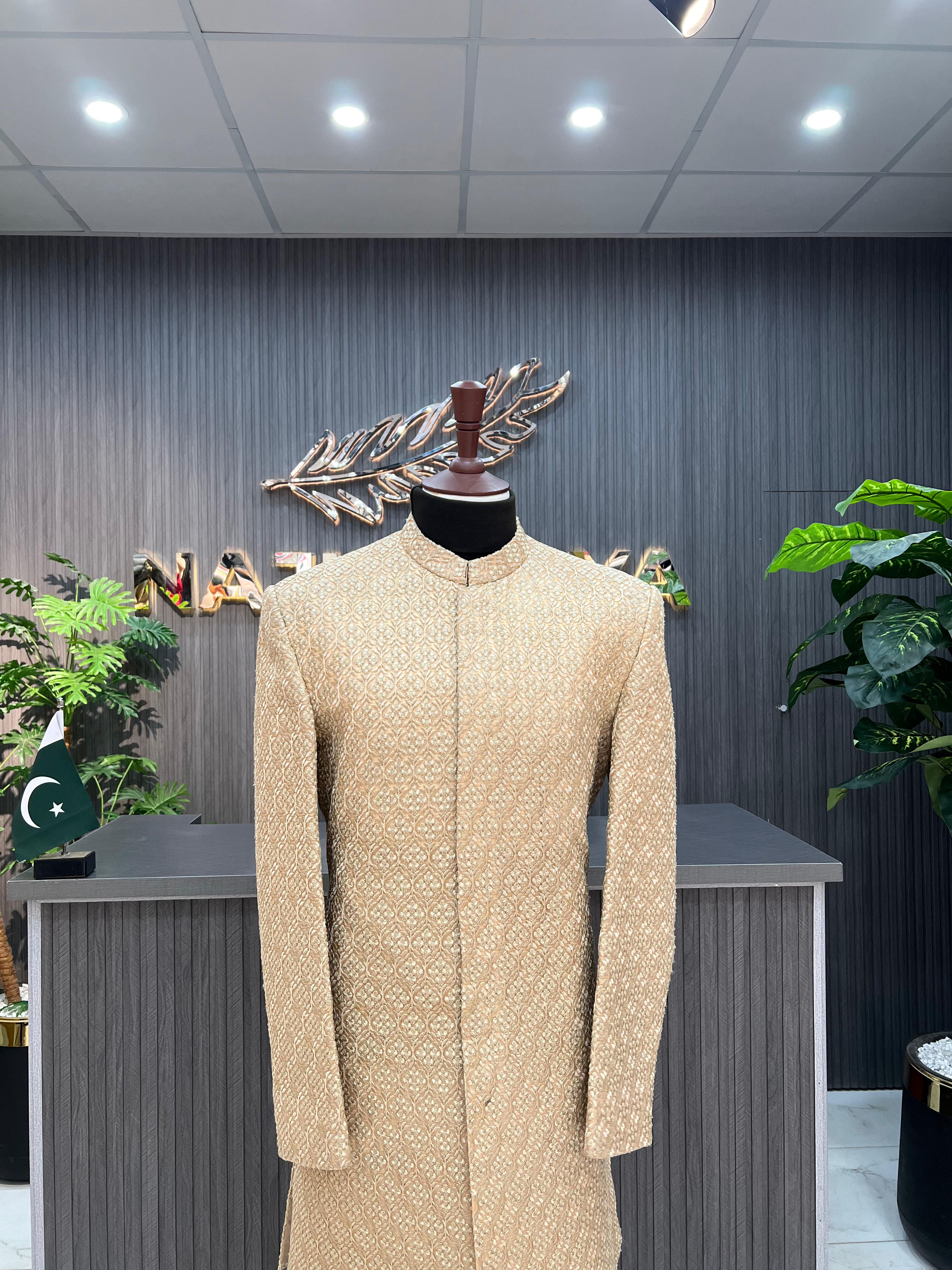Cream Peach Embroidery Sherwani For Men's Secondary image