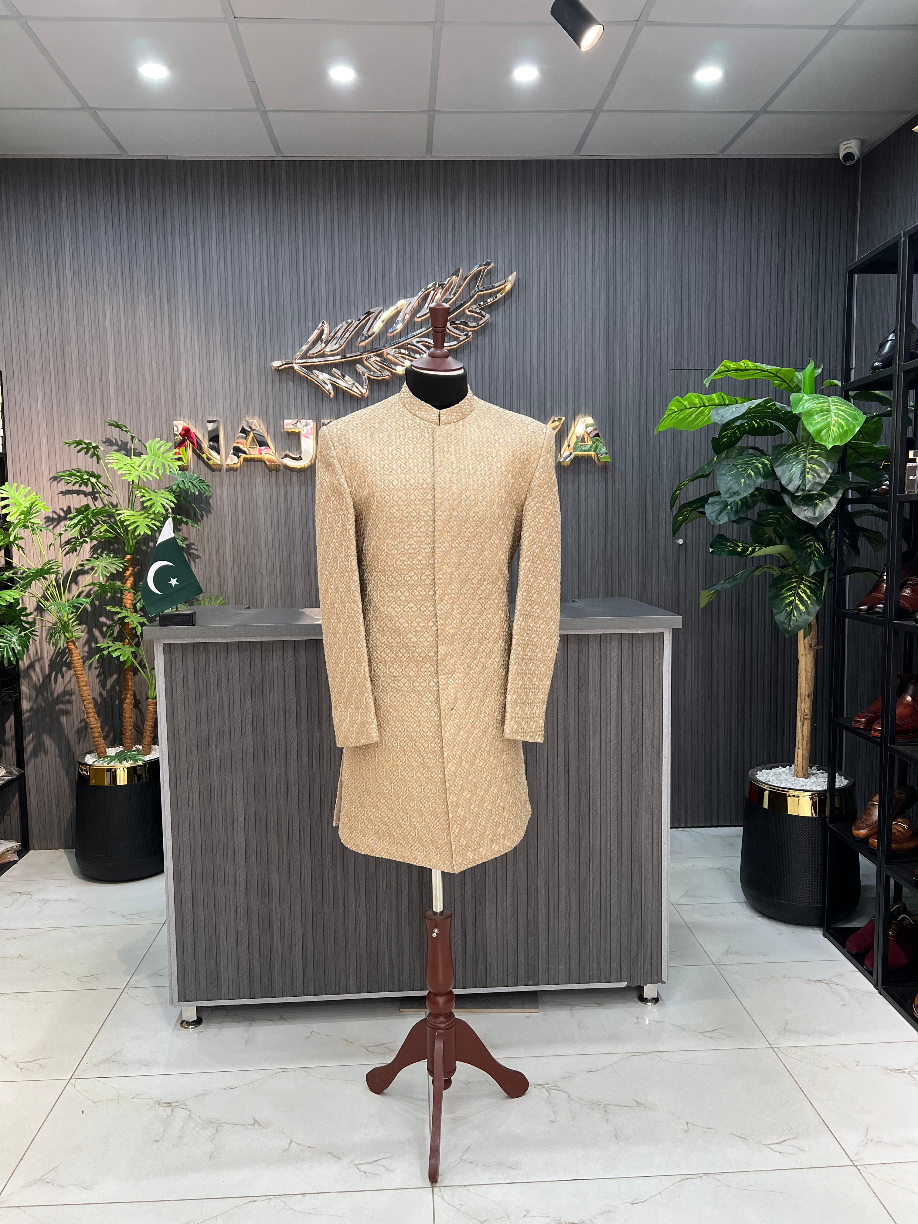Cream Peach Embroidery Sherwani For Men's Main image