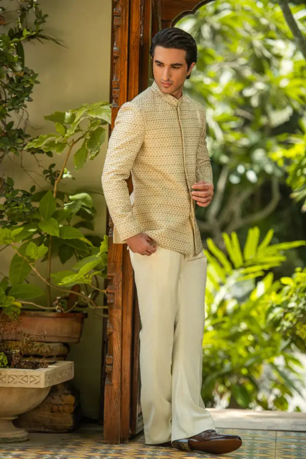 Cream Handwork Embroidered Prince Coat with Classic Pant Main image