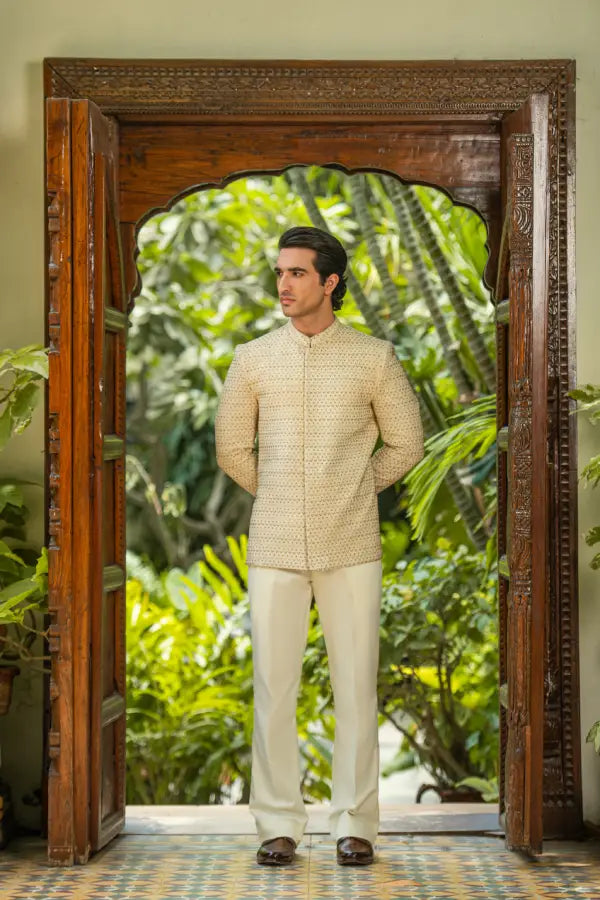 Cream Handwork Embroidered Prince Coat with Classic Pant
