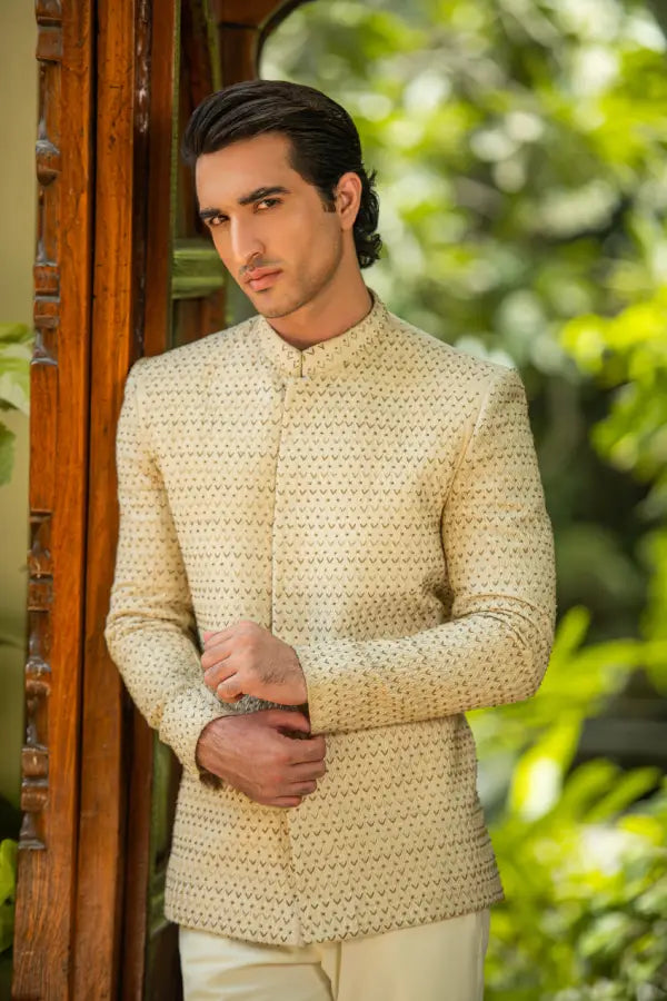 Cream Handwork Embroidered Prince Coat with Classic Pant