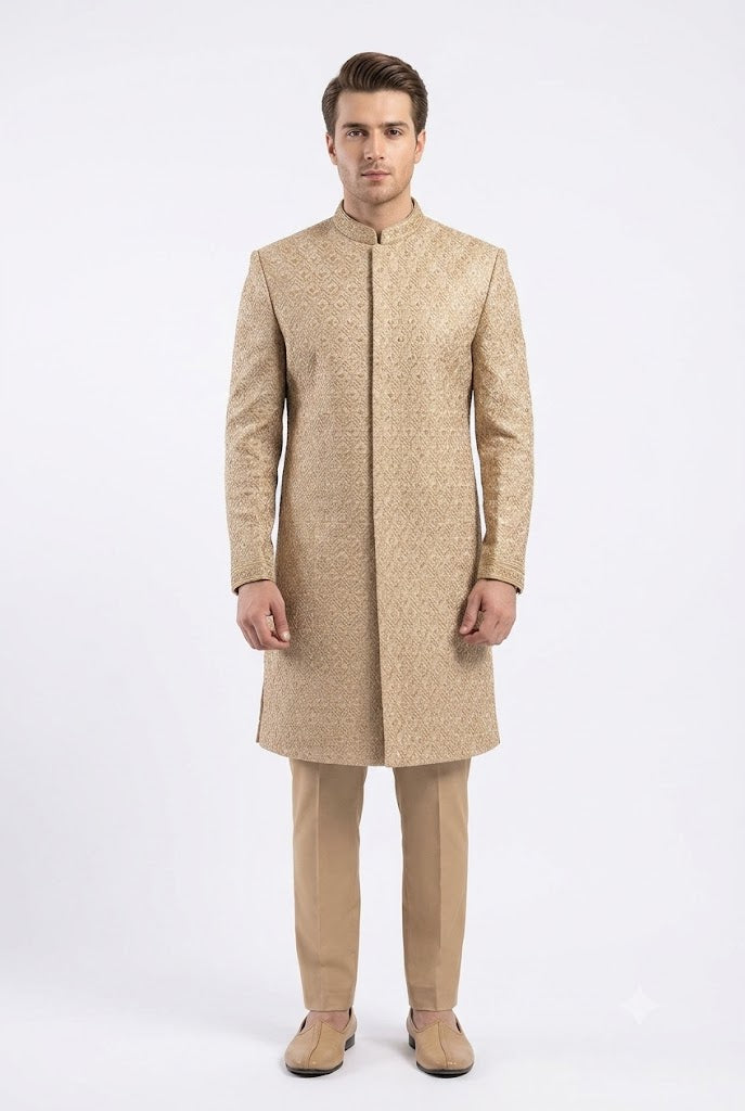 Cream Peach Embroidery Sherwani For Men's