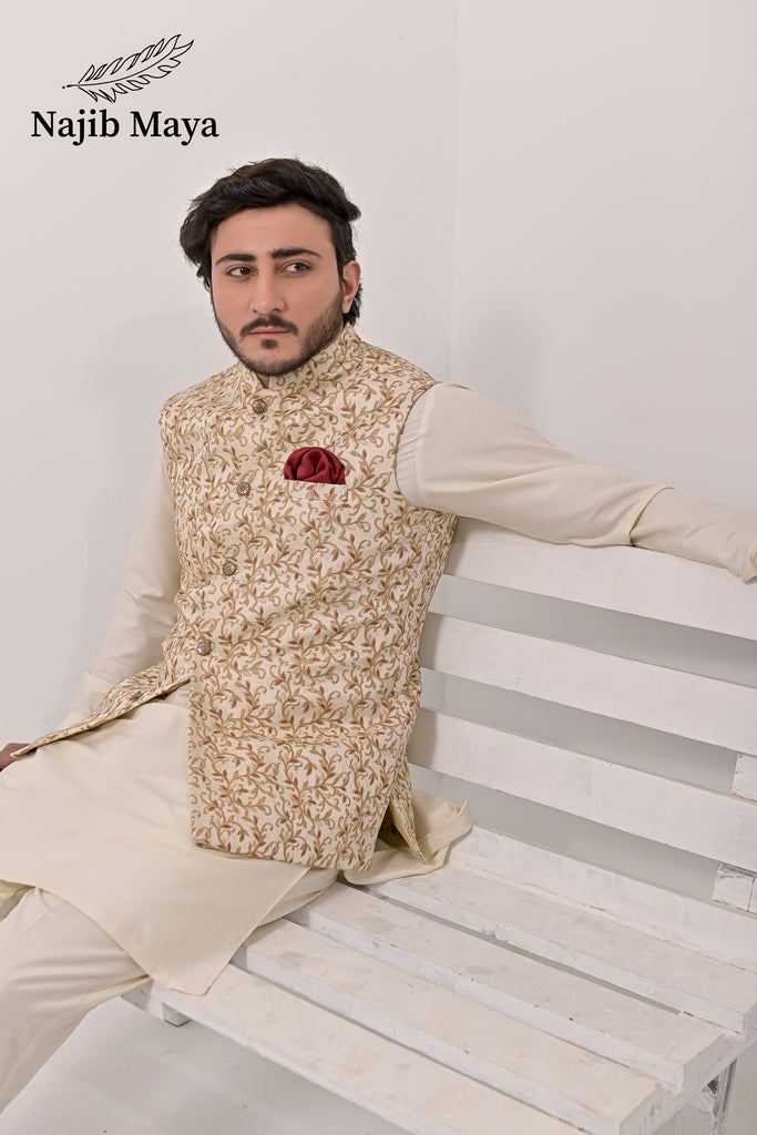 Cream Embroidery Waist Coat & Cream Kurta Pajama For Men's