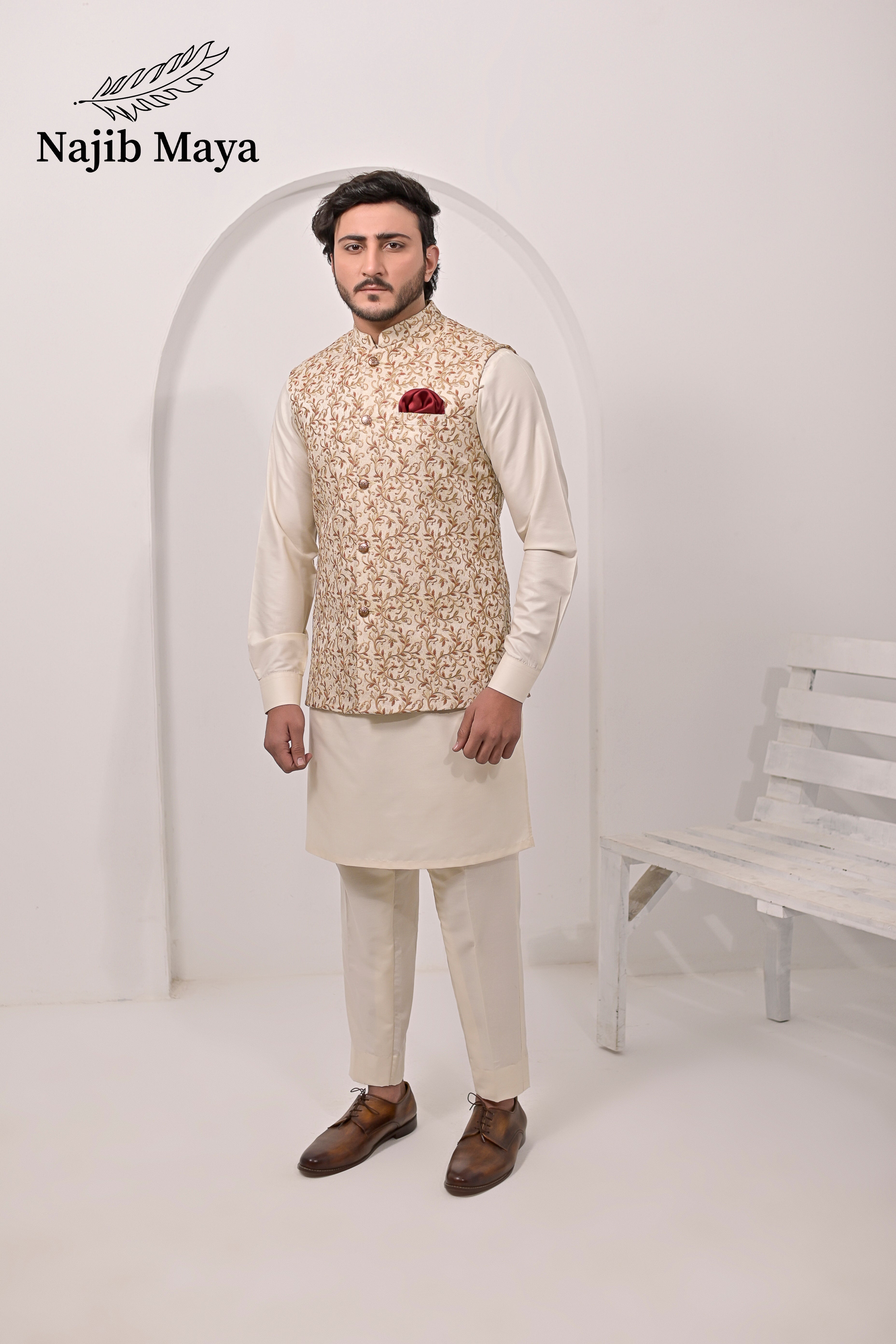 Cream Embroidery Waist Coat & Cream Kurta Pajama For Men's Main image