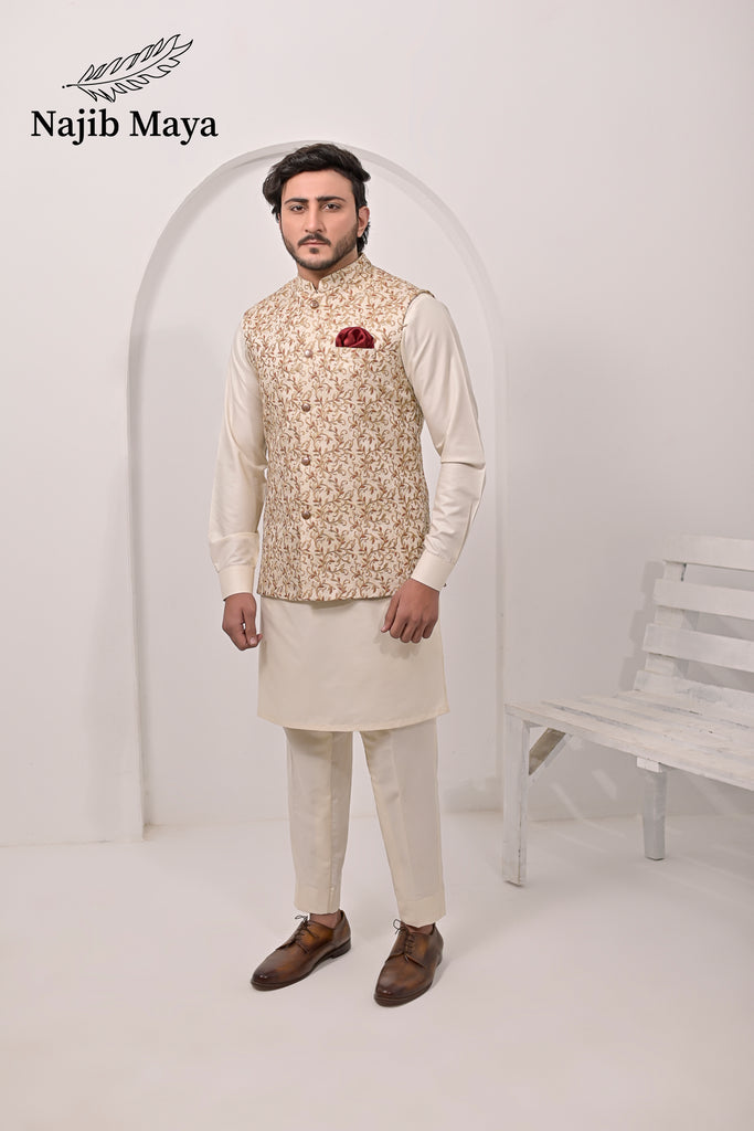 Cream Embroidery Waist Coat & Cream Kurta Pajama For Men's