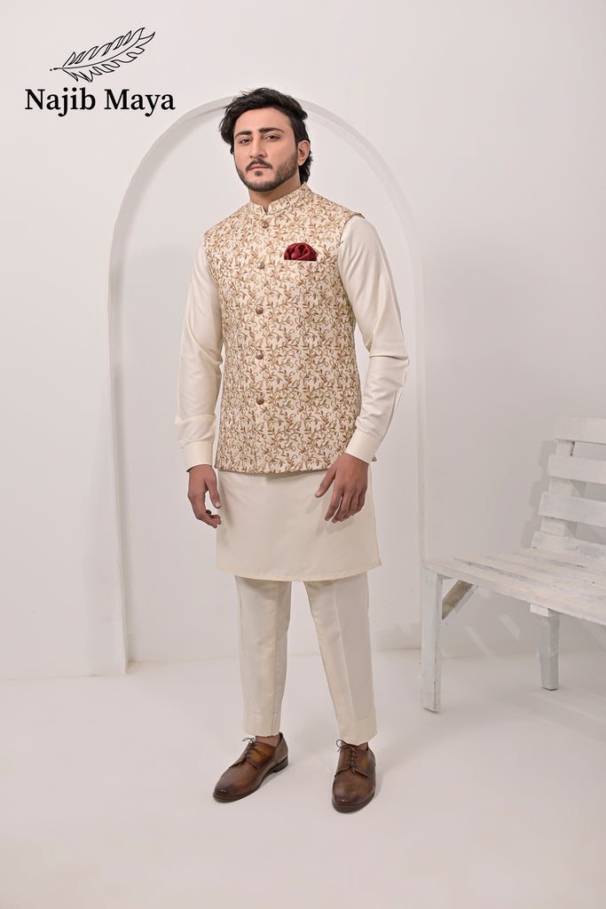 Cream Embroidery Waist Coat & Cream Kurta Pajama For Men's