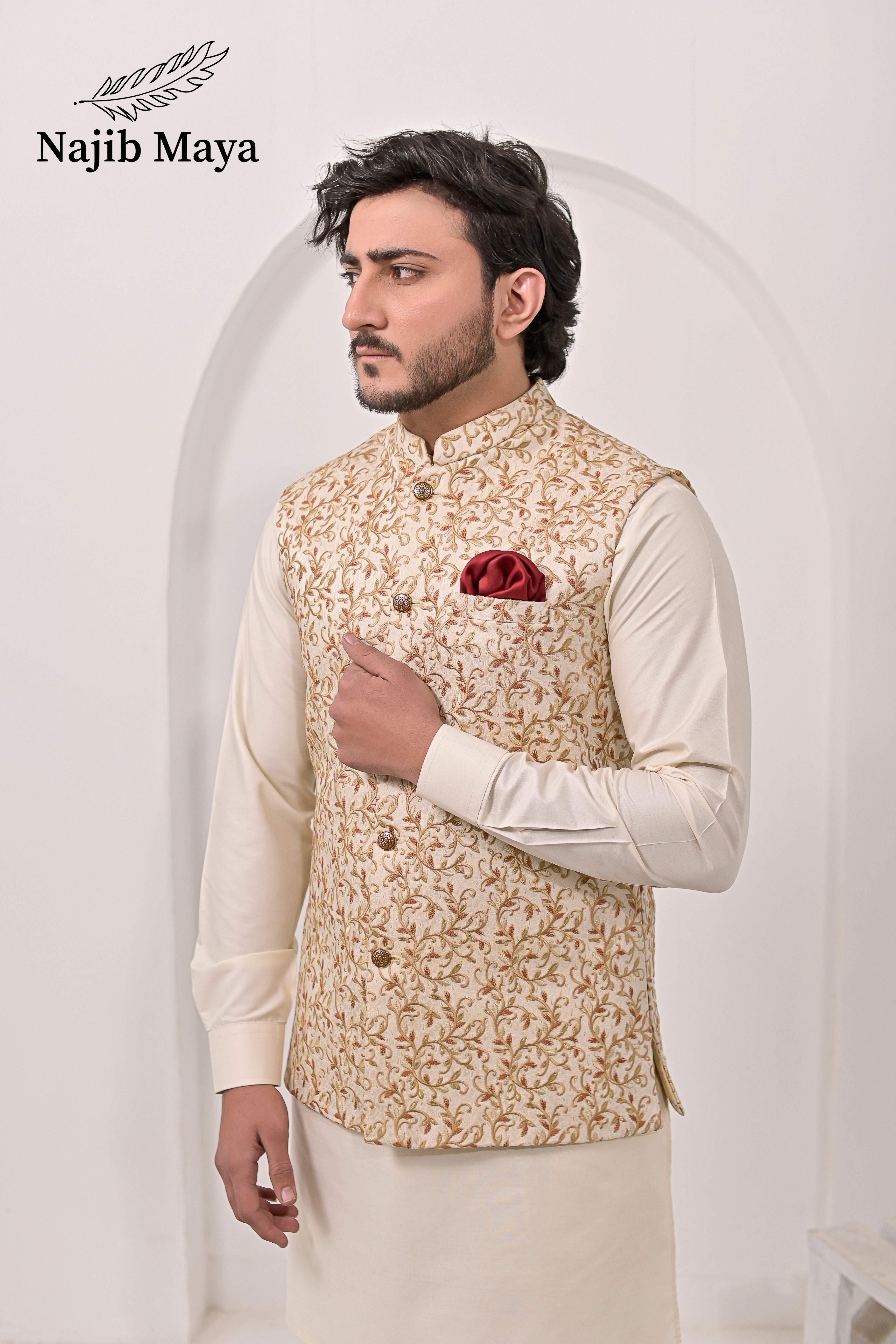 Cream Embroidery Waist Coat & Cream Kurta Pajama For Men's Secondary image