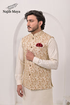 Cream Embroidery Waist Coat & Cream Kurta Pajama For Men's