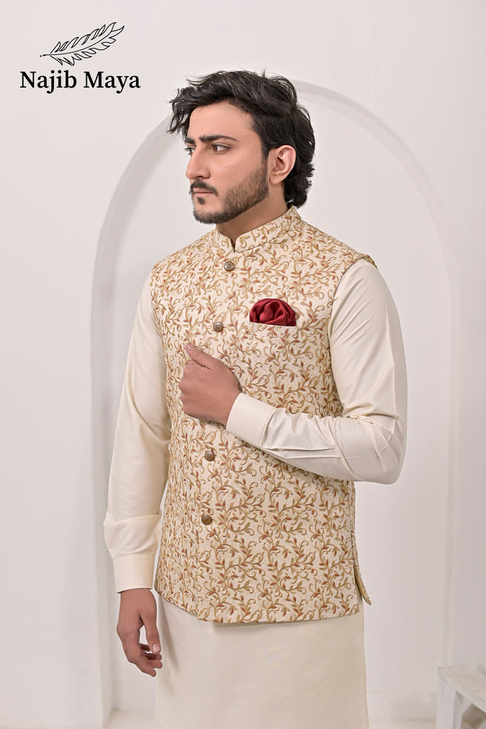 Cream Embroidery Waist Coat & Cream Kurta Pajama For Men's