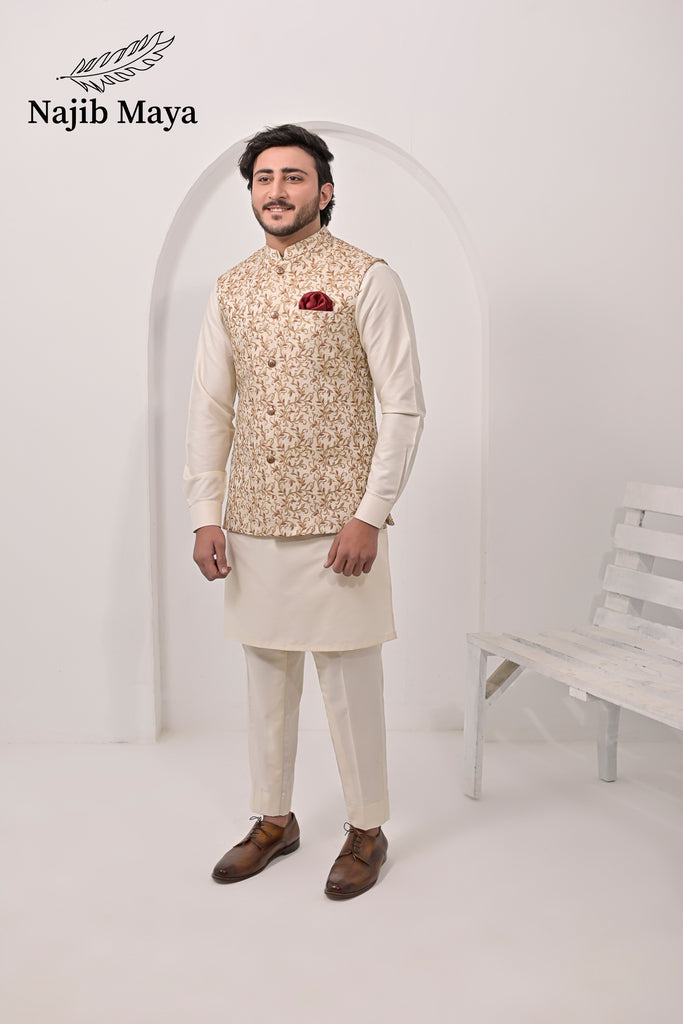 Cream Embroidery Waist Coat & Cream Kurta Pajama For Men's