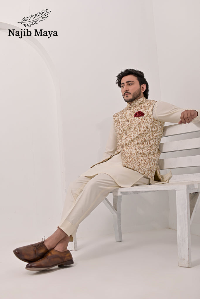 Cream Embroidery Waist Coat & Cream Kurta Pajama For Men's