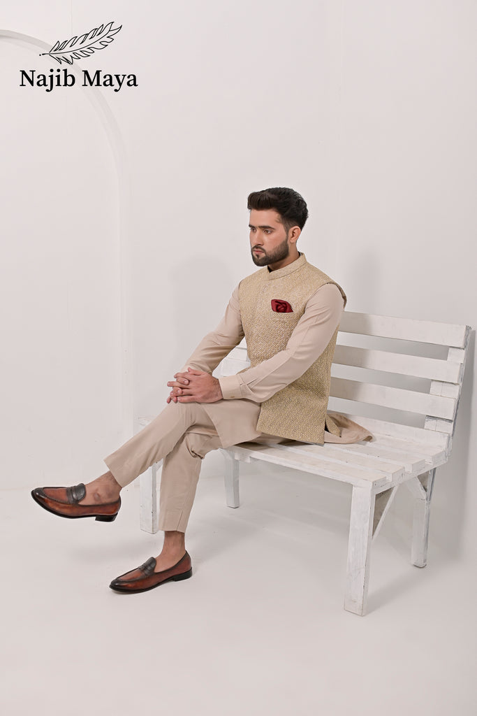 Mate Gold Embroidery Waist Coat & Mate Beige Kurta Pajama For Men's