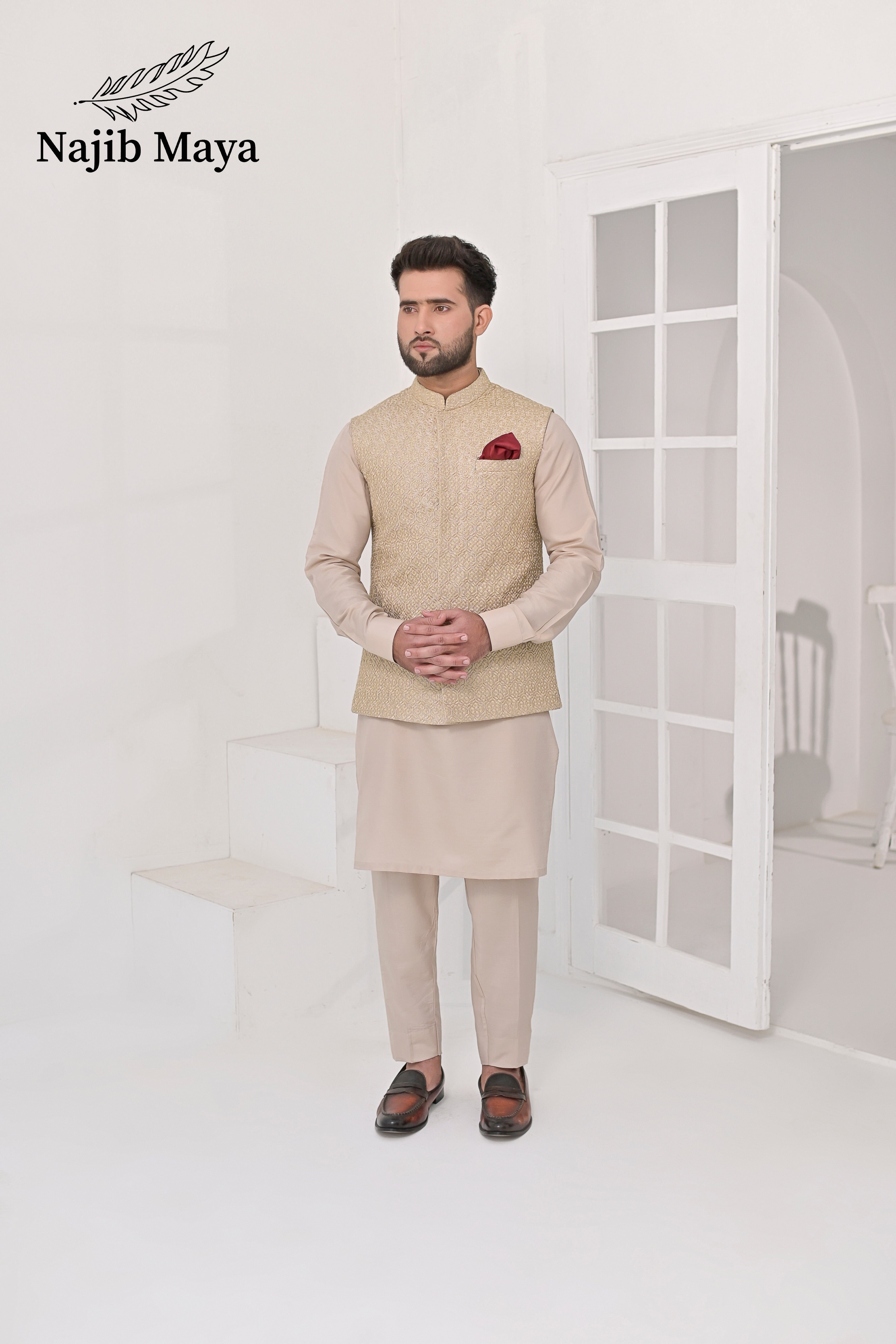 Mate Gold Embroidery Waist Coat & Mate Beige Kurta Pajama For Men's Main image