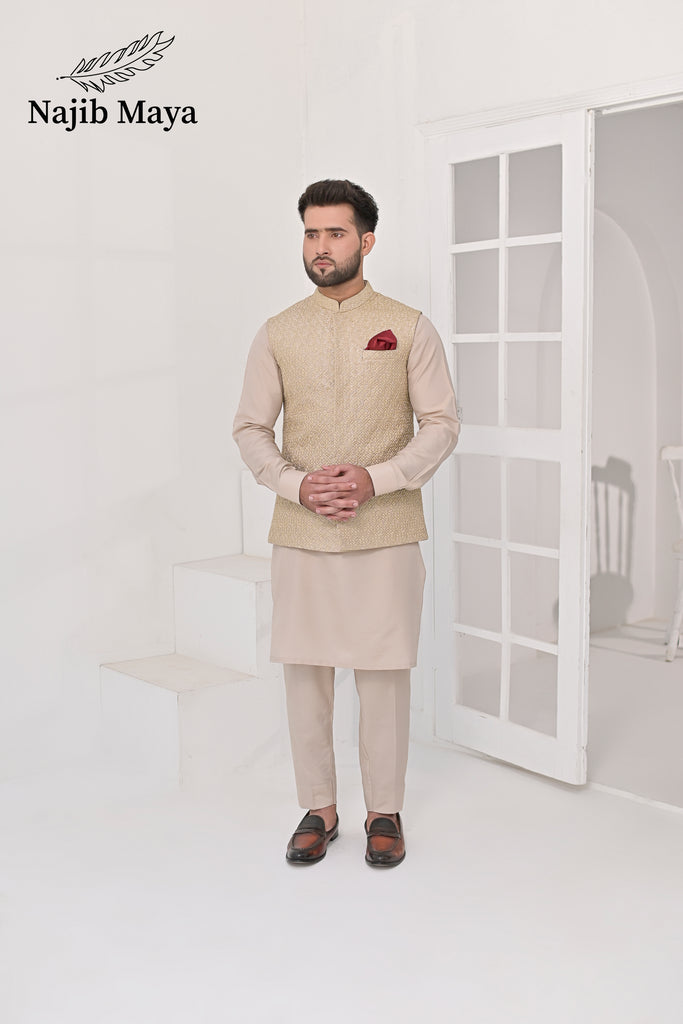 Mate Gold Embroidery Waist Coat & Mate Beige Kurta Pajama For Men's