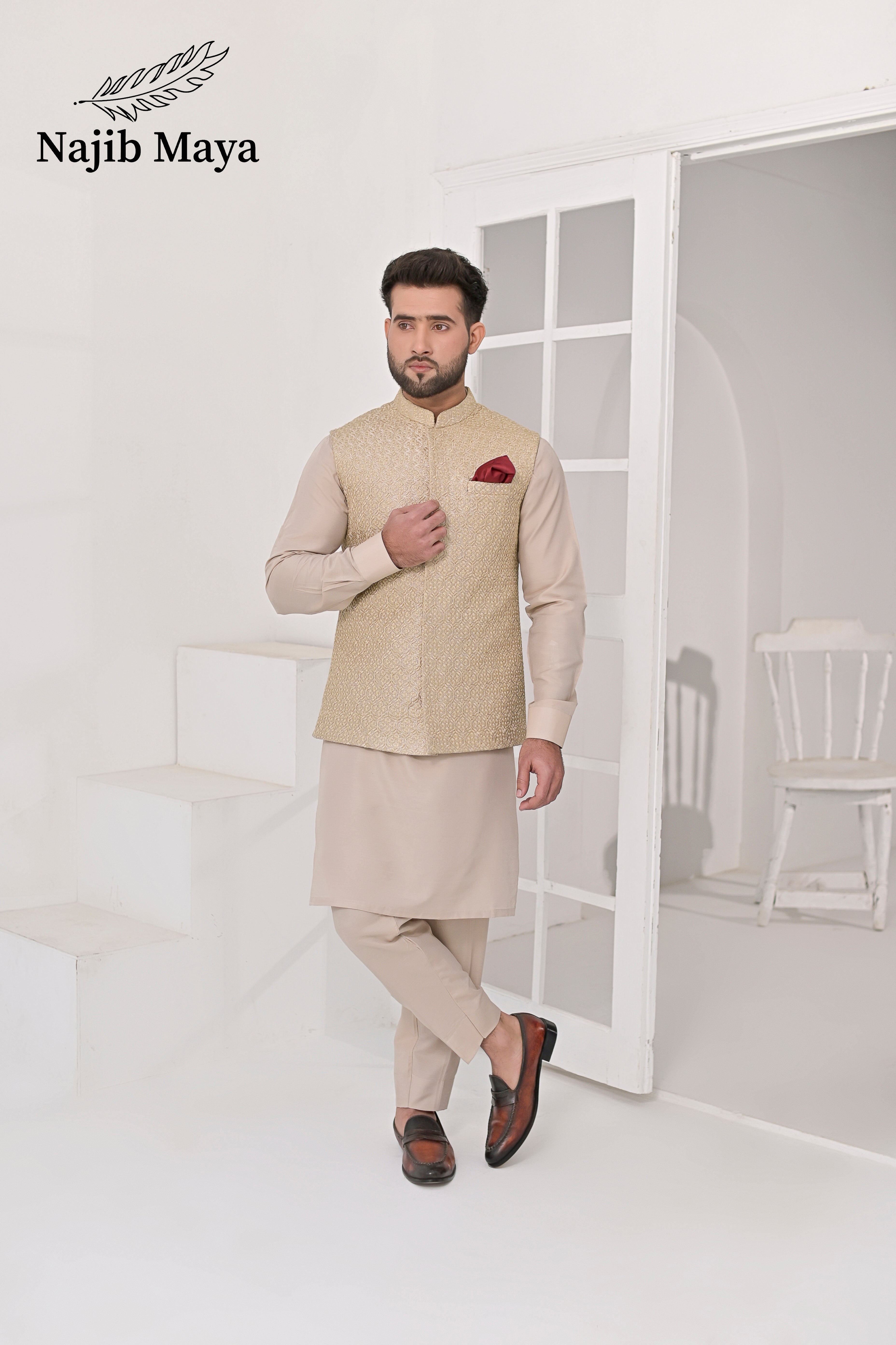 Mate Gold Embroidery Waist Coat & Mate Beige Kurta Pajama For Men's
