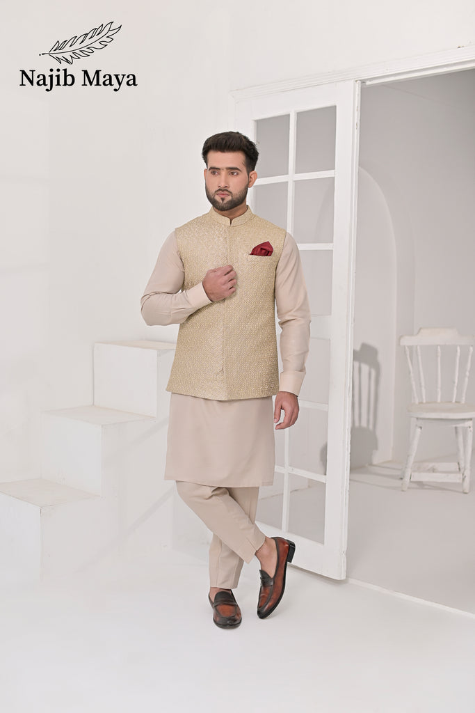 Mate Gold Embroidery Waist Coat & Mate Beige Kurta Pajama For Men's