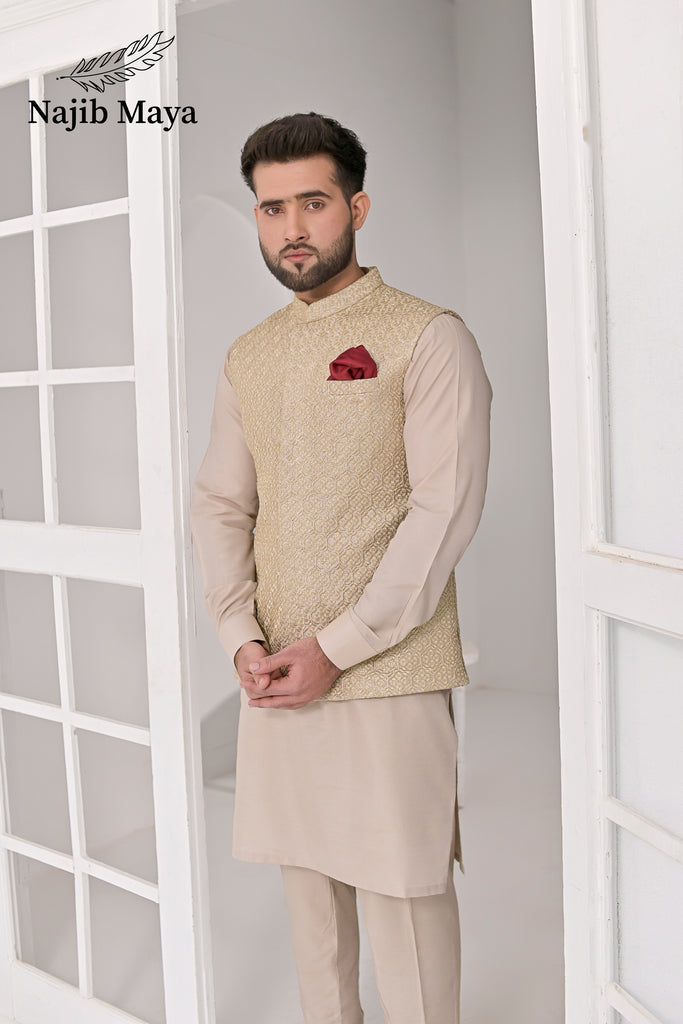 Mate Gold Embroidery Waist Coat & Mate Beige Kurta Pajama For Men's