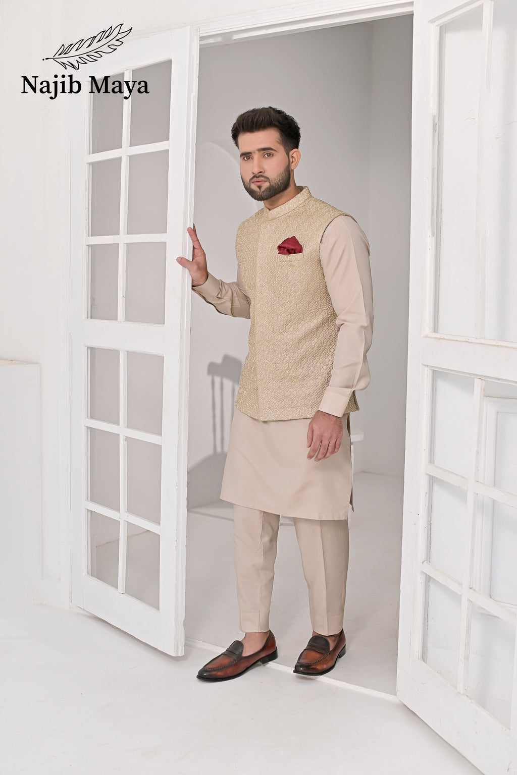 Mate Gold Embroidery Waist Coat & Mate Beige Kurta Pajama For Men's