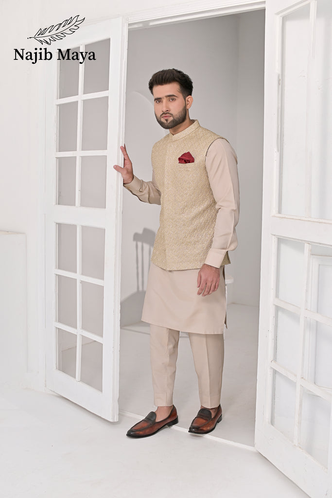 Mate Gold Embroidery Waist Coat & Mate Beige Kurta Pajama For Men's