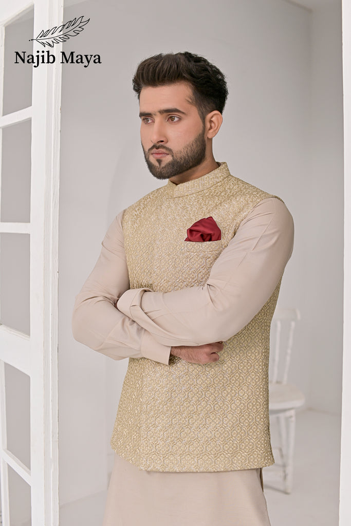 Mate Gold Embroidery Waist Coat & Mate Beige Kurta Pajama For Men's