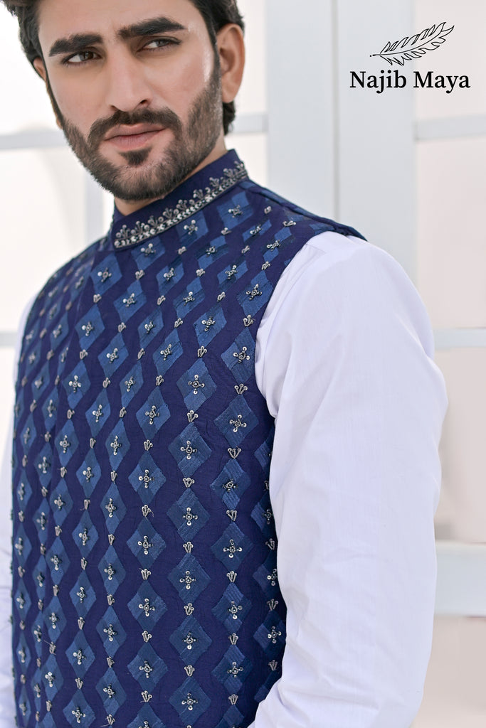 Blue Embroidery + Handwork Waist Coat & White Kurta Pajama For Men's