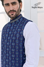 Load image into Gallery viewer, Blue Embroidery + Handwork Waist Coat &amp; White Kurta Pajama For Men&#39;s