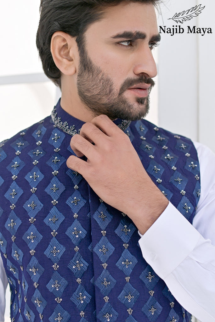 Blue Embroidery + Handwork Waist Coat & White Kurta Pajama For Men's