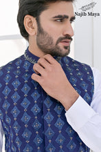 Load image into Gallery viewer, Blue Embroidery + Handwork Waist Coat &amp; White Kurta Pajama For Men&#39;s