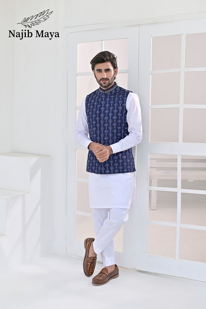 Blue Embroidery + Handwork Waist Coat & White Kurta Pajama For Men's