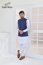 Load image into Gallery viewer, Blue Embroidery + Handwork Waist Coat &amp; White Kurta Pajama For Men&#39;s