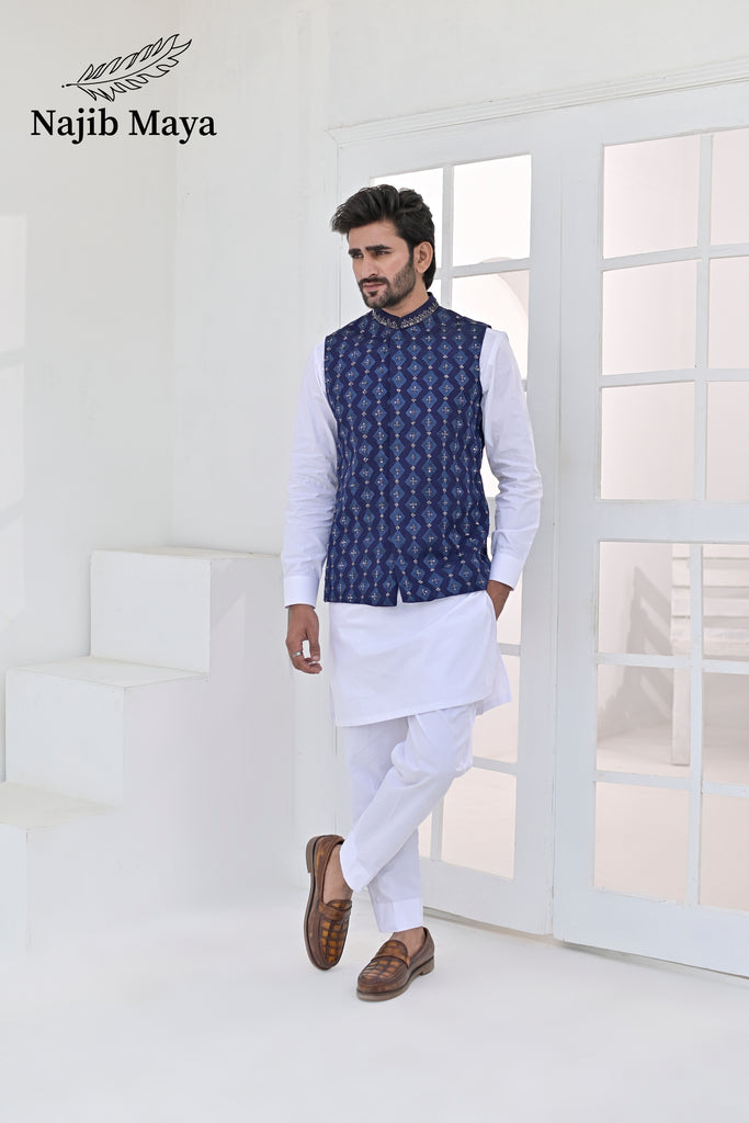 Blue Embroidery + Handwork Waist Coat & White Kurta Pajama For Men's