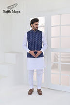 Blue Embroidery + Handwork Waist Coat & White Kurta Pajama For Men's