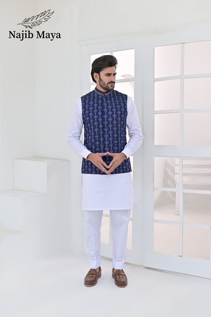 Blue Embroidery + Handwork Waist Coat & White Kurta Pajama For Men's