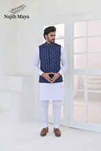 Load image into Gallery viewer, Blue Embroidery + Handwork Waist Coat &amp; White Kurta Pajama For Men&#39;s