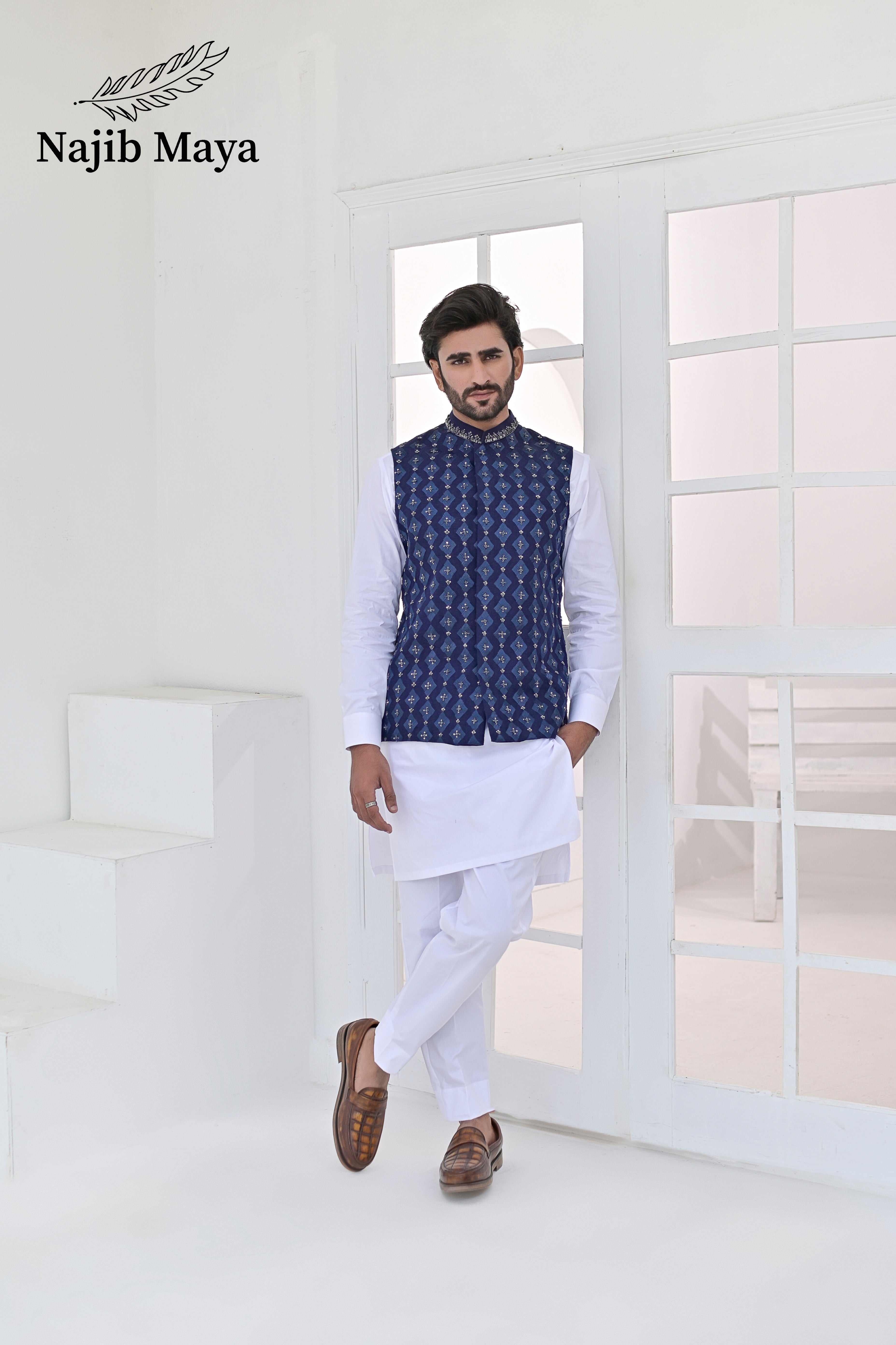 Blue Embroidery + Handwork Waist Coat & White Kurta Pajama For Men's Main image