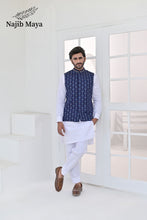 Load image into Gallery viewer, Blue Embroidery + Handwork Waist Coat &amp; White Kurta Pajama For Men&#39;s