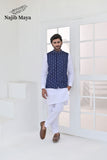 Blue Embroidery + Handwork Waist Coat & White Kurta Pajama For Men's