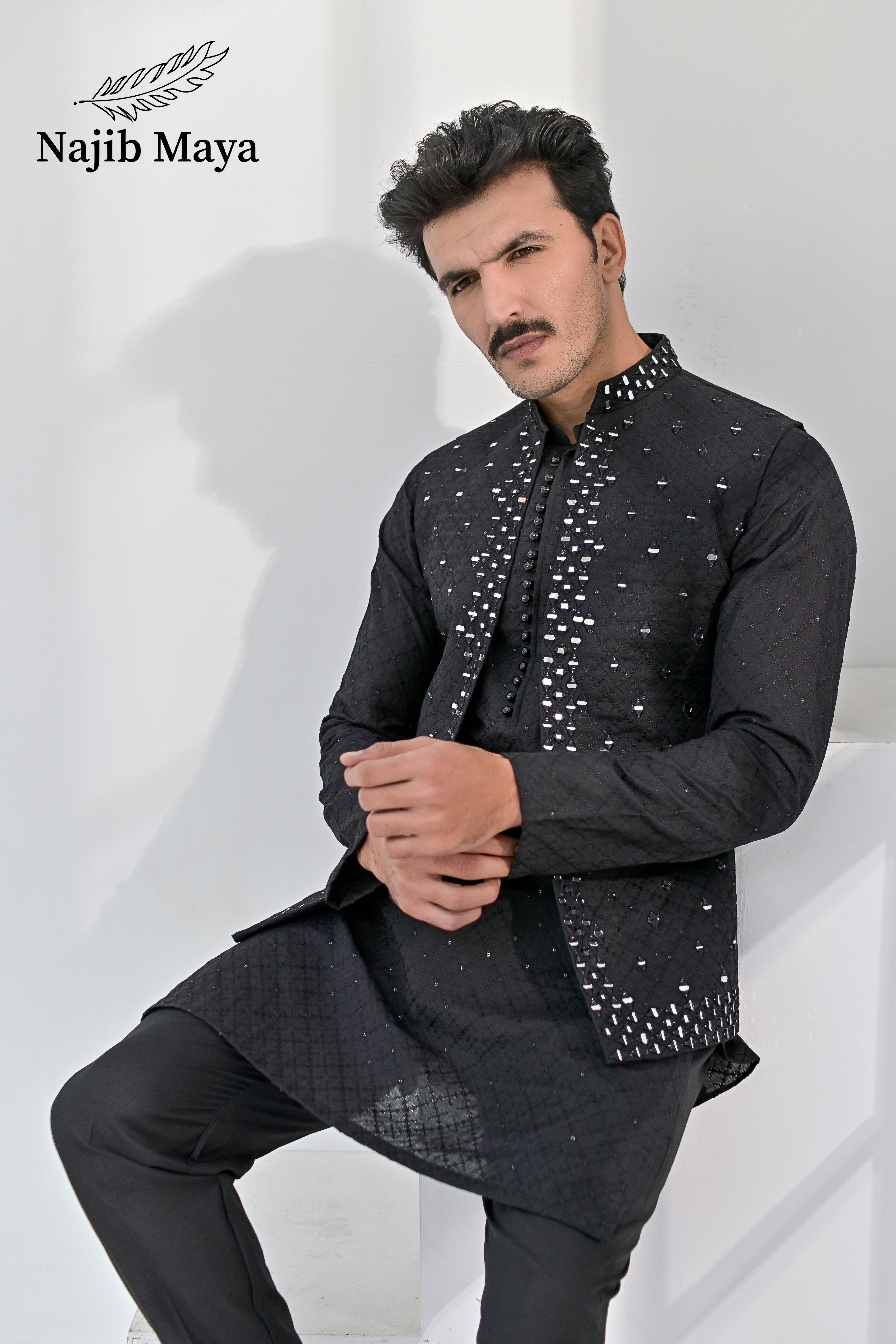 Black Embroidery + Mirror Work Waist Coat & Black Embroidery Kurta Pajama For Men's Secondary image